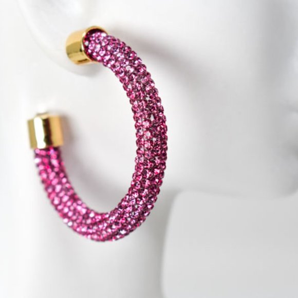 1.75" Boho Fuchsia Pave Rhinestones Hoop Earrings - Picture 7 of 12